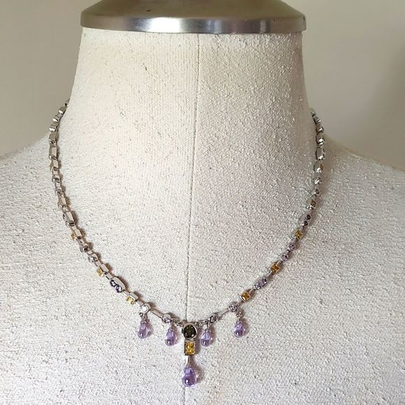 Sterling Silver 925 RP CZ Stones Crystal Lavaliere Statement Necklace 18 1/2" - Picture 2 of 12